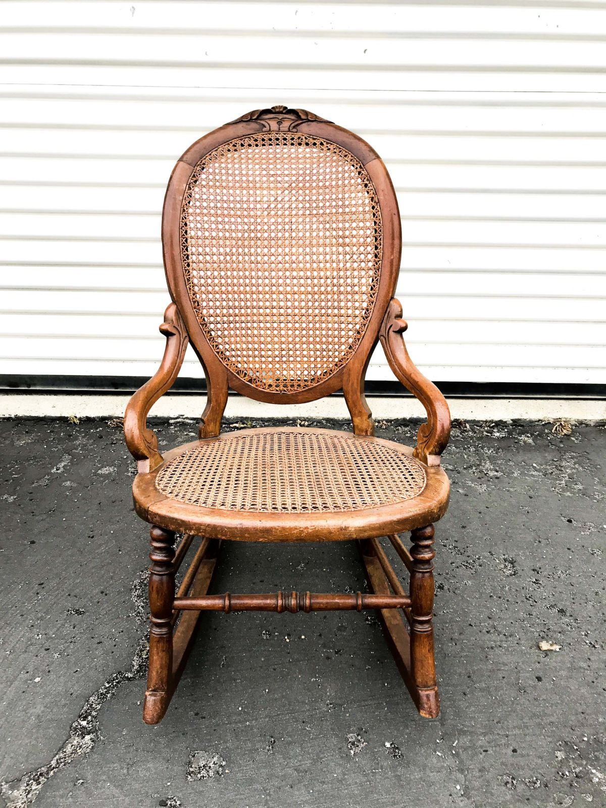 Antique Small Wood Carved Cane Rocking Chair