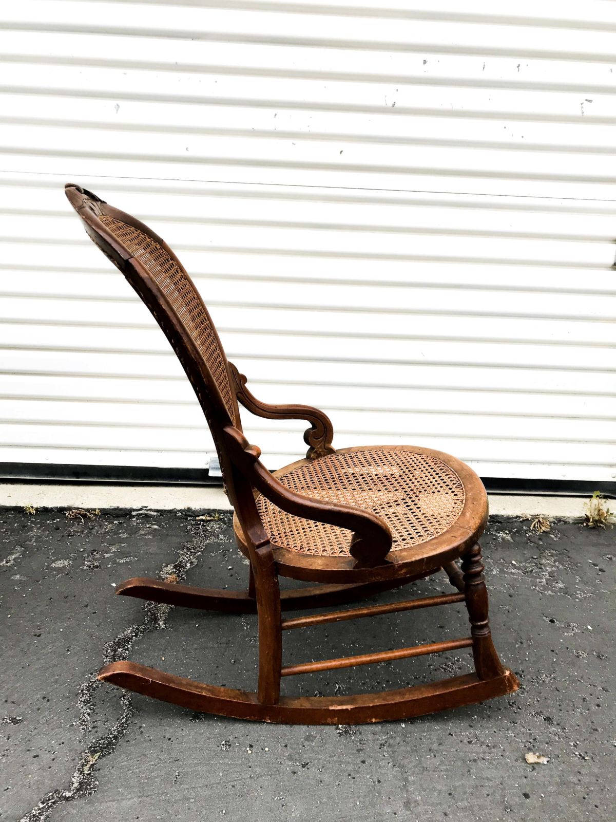 Antique Small Wood Carved Cane Rocking Chair